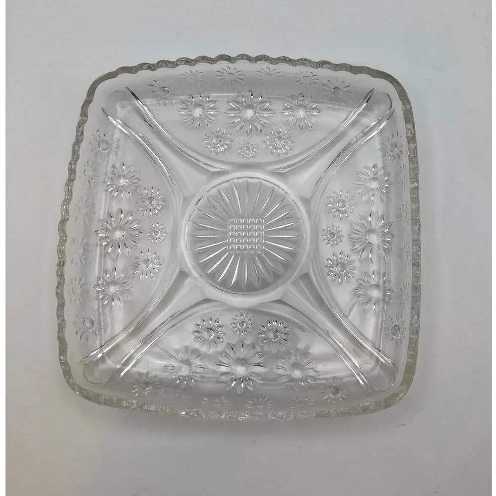 VTG Hazel Atlas Crazy Daisy Pressed Starburst Square Relish Tray Scalloped Rim